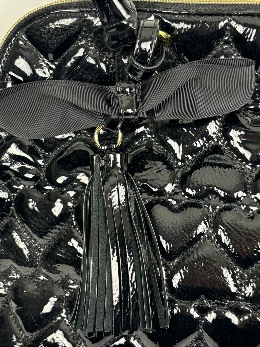 Betsey Johnson Black Quilted Heart Satchel Purse Bow Tassel Charm Glossy Patent